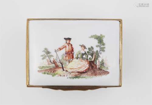 A porcelain snuff box with pastoral and hunting motifs