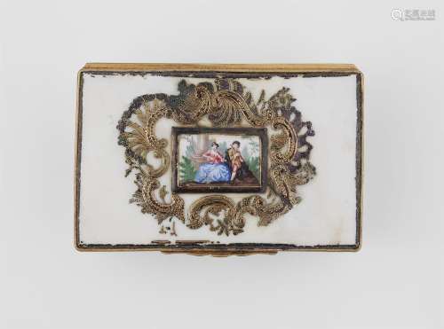 A rare porcelain snuff box with gold piqué appliques