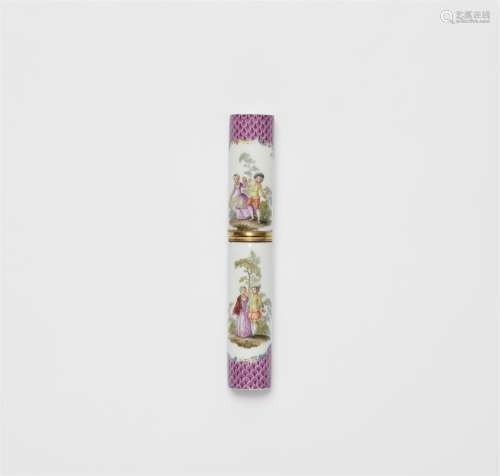 A porcelain needle case with Watteau style figures
