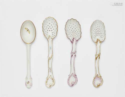 Three Meissen porcelain cream spoons and an egg spoon