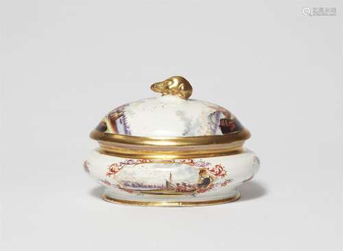 A Meissen porcelain sugar box with merchant navy scenes