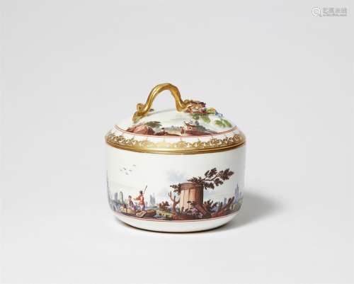 A Meissen porcelain sugar box with a merchant navy scene