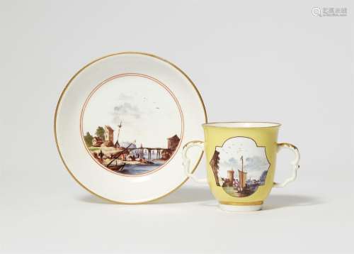 A Meissen porcelain beaker and saucer with merchant navy sce...