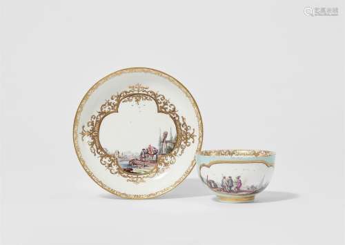 A Meissen porcelain cup with a merchant navy scene and sauce...