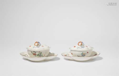 A rare pair of Chantilly porcelain tureens on saucers