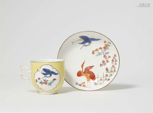 A Meissen porcelain cup and saucer with Chinoiserie crane de...