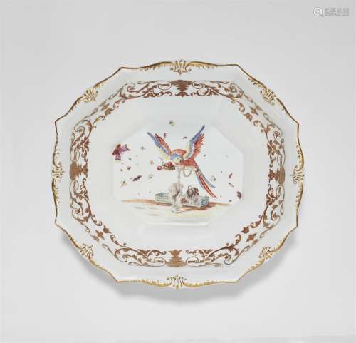 A Meissen porcelain dish with a parrot and a Bolognese dog