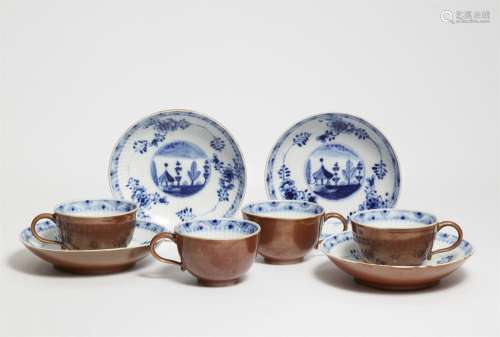 Four Meissen porcelain cups and saucers with Chinoiserie lan...
