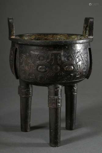 Chinesischer Bronze Censer auf drei hohen Beinen, umlaufend ...