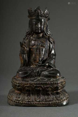 Bronze "Sitzende Guanyin" auf stilisierter Lotusbl...