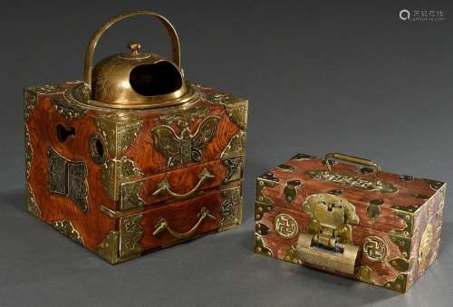 2 Diverse koreanische Holz Boxen mit ornamentalen Messingbes...