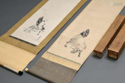2 Diverse japanische Rollbilder, "Ochse und Hirte"...