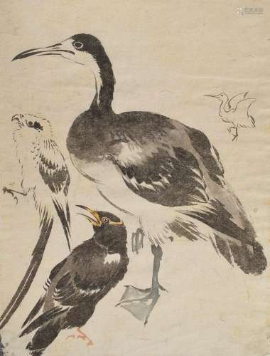 Japanische Tuschmalerei auf Papier "Vogelstudien: Kormo...