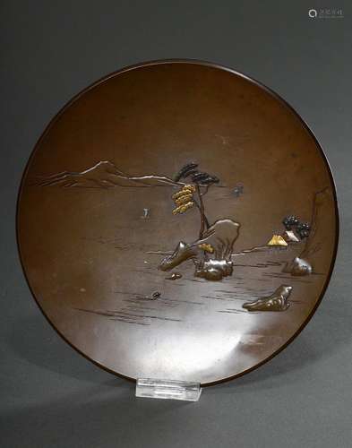 Shakudo Bronze Teller "Landschaft mit See", verso ...