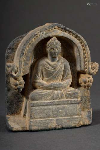 Gandhara Fragment "Thronender Buddha", grauer Schi...