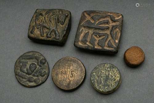 6 Diverse Bronze/Keramik "Spielsteine, Siegel, Münze&qu...