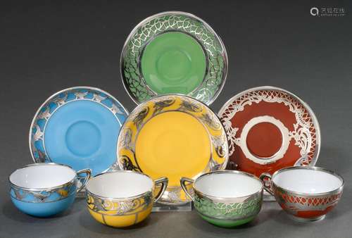 4 Diverse Tassen/UT mit floralem und ornamentalem Silver Ove...