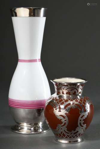 2 Diverse Porzellan Vasen mit Silver Overlay, 1x mit Rocaill...
