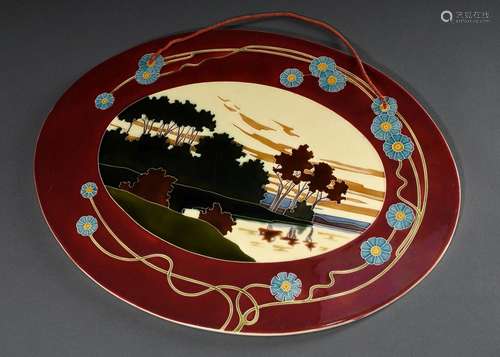 Ovale Jugendstil Majolika Platte mit polychromer Glasur &quo...