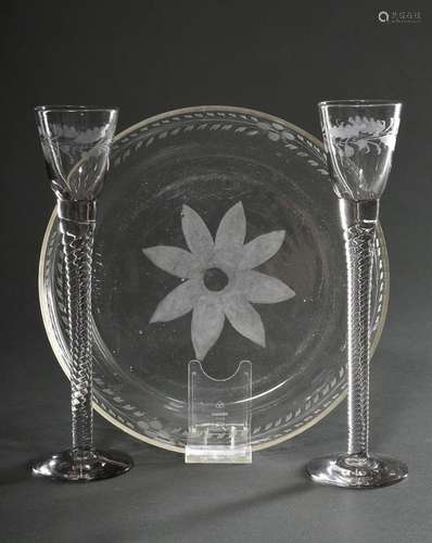 3 Diverse Teile floral graviertes Gebrauchsglas, 19.Jh.: run...