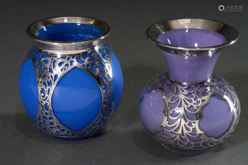 2 Diverse Vasen mit ornamentalem Silver Overlay über violett...