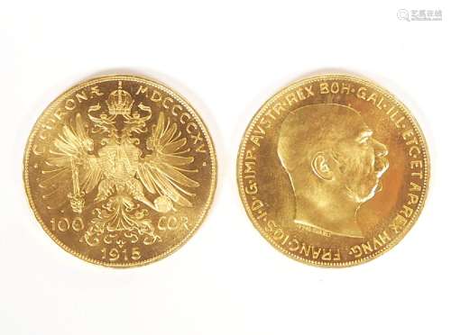 ÖSTERREICH, 2 Anlagemünzen, 100 Kronen,