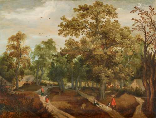 Willem van den Bundel, Woodland Landscape with Hunters
