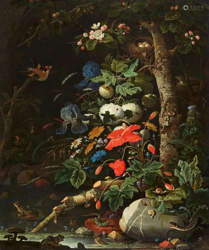 Abraham Mignon, Flowers in a Forest Landscape