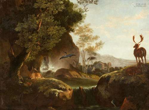 Carl Borromäus Ruthart, Deer, Herons and a Fox by a Waterfal...