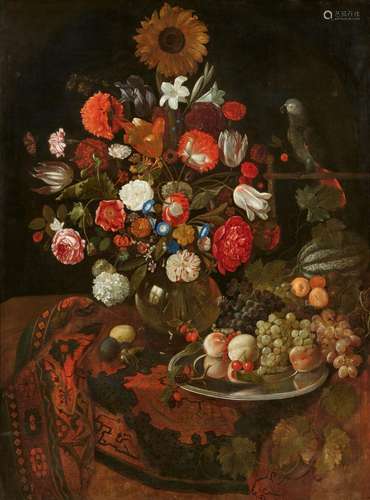 Jakob Rootius, Still Life with Flowers, Fruit and a Parrot