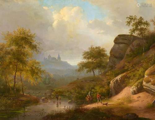 Andreas Schelfhout, Landscape with a Castle and Figures