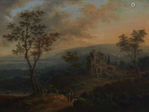 German School 18th century, Wide landscape in the evening li...