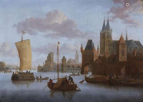 Jacobus Storck, Harbour Scene with a Church and Buildings on...