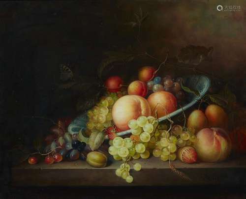 J. Francois, Fruit Still Life with Grapes, Peaches, Plums on...