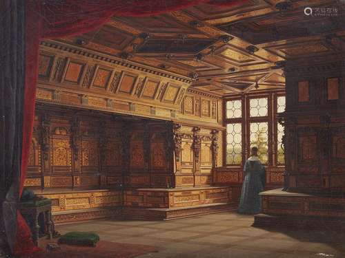 Heinrich Anton Heger, Richly panelled interior with lady at ...