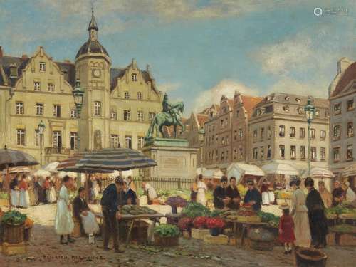 Heinrich Hermanns, Market Scene with Düsseldorf City Hall