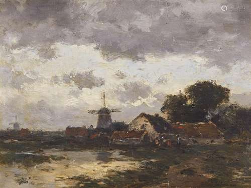 Jacob Henricus Maris, Landscape with a Village and Windmills