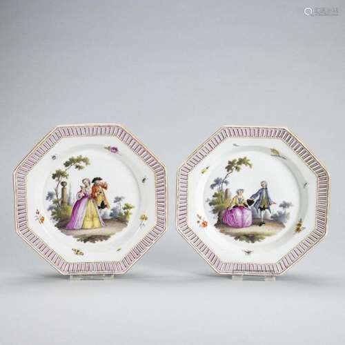 2 achteckige Dessertteller Watteau Szenen mit Blumen und Kal...