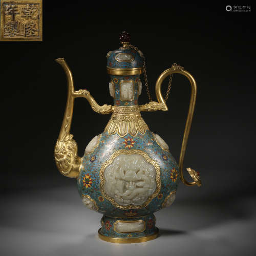 Qing Dynasty of China,Copper Enamel Inlaid Hetian Jade Holdi...