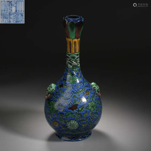 Qing Dynasty of China,Blue Ground Green Glaze Binaural Long-...