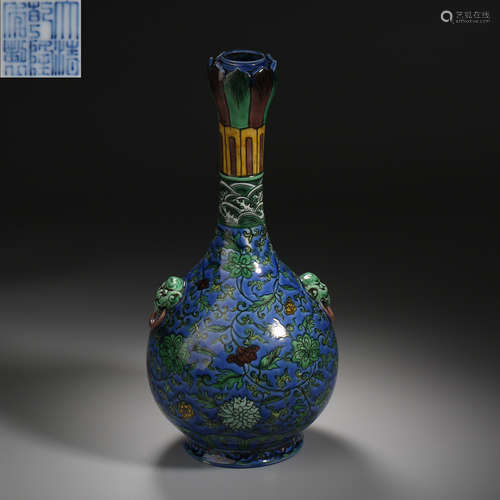 Qing Dynasty of China,Blue Ground Green Glaze Binaural Long-...