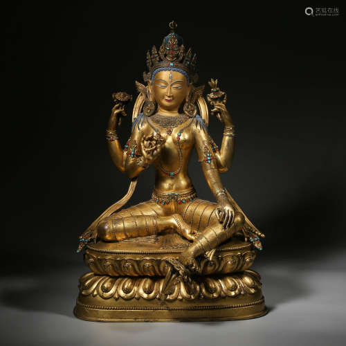 Qing Dynasty of China,Bronze Gilt Four-Arm Kingkong Buddha M...
