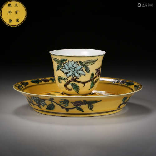 Qing Dynasty of China,Yellow Ground Green Colored Flower Cup