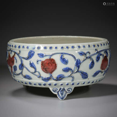 Ming Dynasty of China,Blue and White Flower Dotted Red Three...