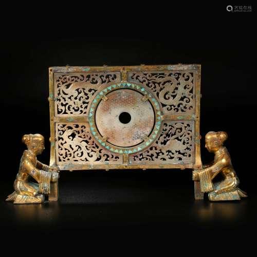 Han Dynasty of China,Hetian Jade Bronze Gilt Inlaid Precious...