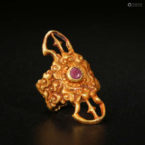 Liao Dynasty of China,Pure Gold Inlaid Precious Stone Ring