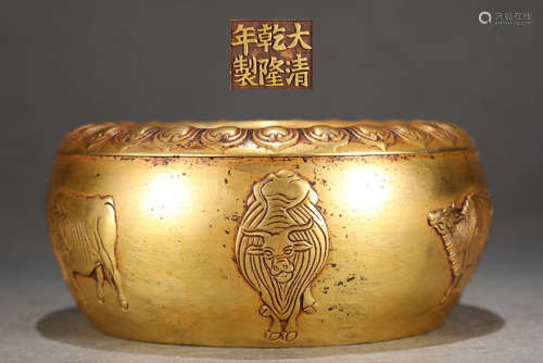 旧藏大清乾隆款精铸紫铜胎鎏金五牛图钵式炉