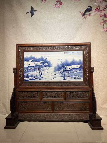 红木镶瓷板画青花雪景图瑞雪迎春插屏