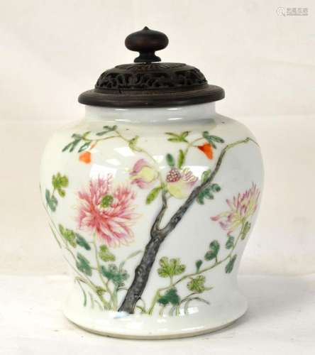 Chinese Famille Rose Ginger Jar w Wood Cover