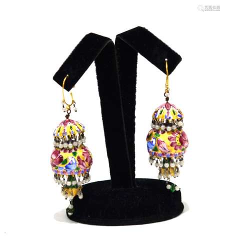 Pr Indian Gold & Enamel Earrings